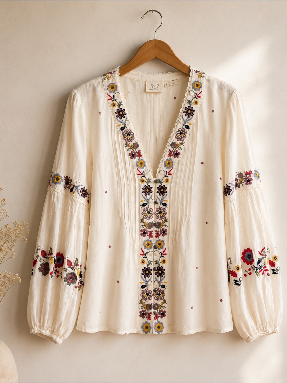 Embroidered V-Neck Balloon Sleeve Top - White with Multicolor Floral Trim - Picture 4 of 8